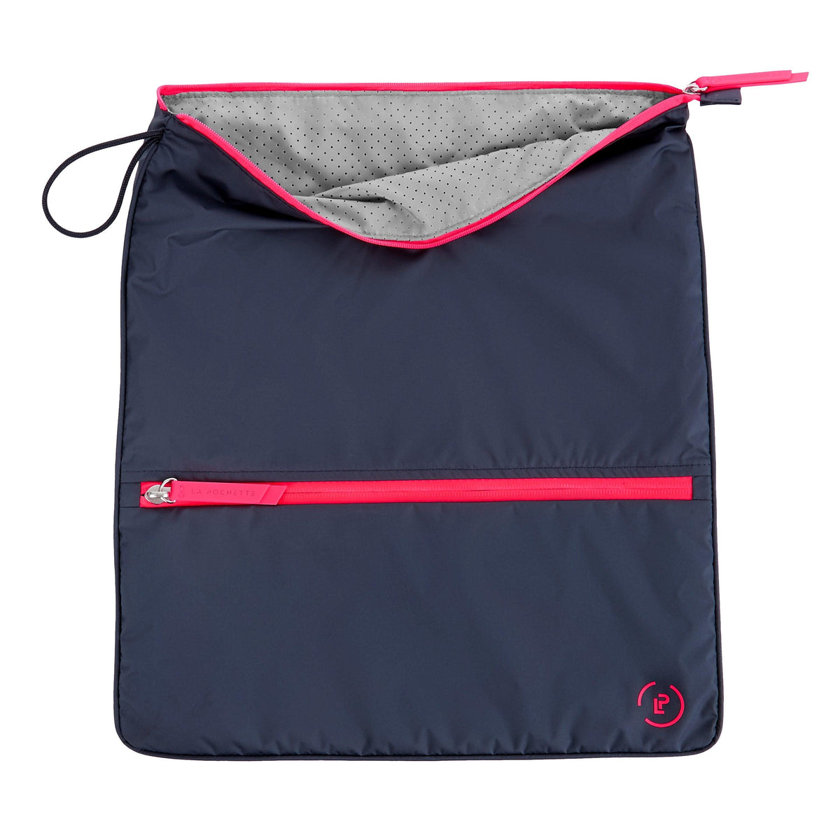 Navy and pink Sweat Bag lying flat, showing unzipped top to reveal inner antimicrobial grey lining