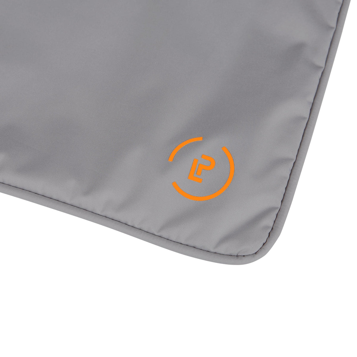 Close-up of grey Sweat Bag showing the La Pochette logo detail in neon orange