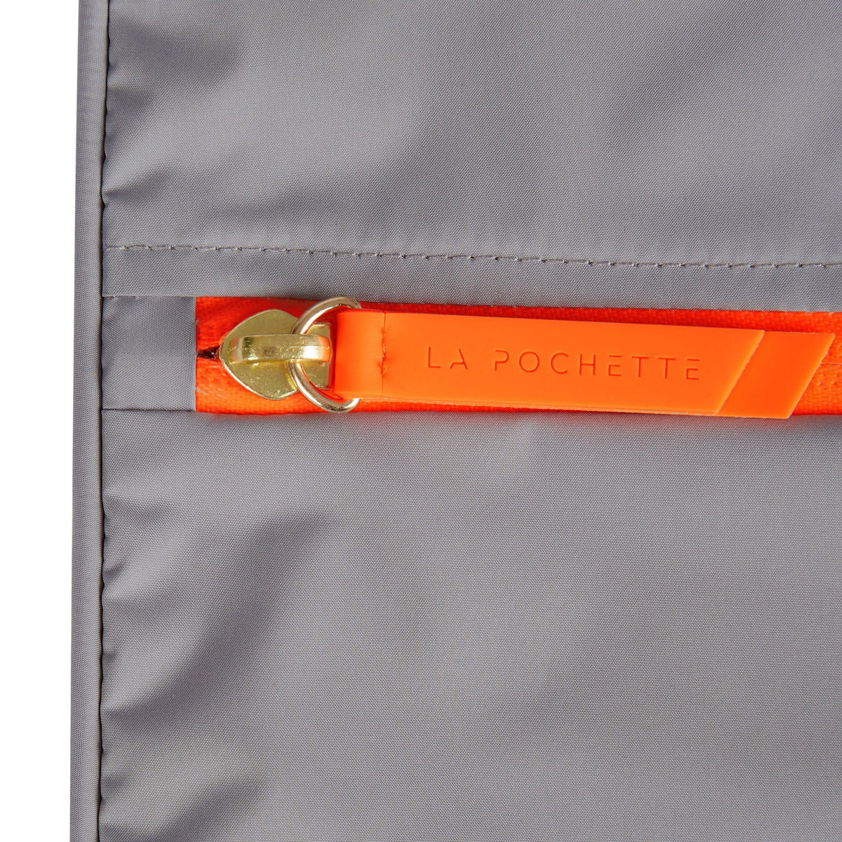 Close-up of the neon orange zip detail