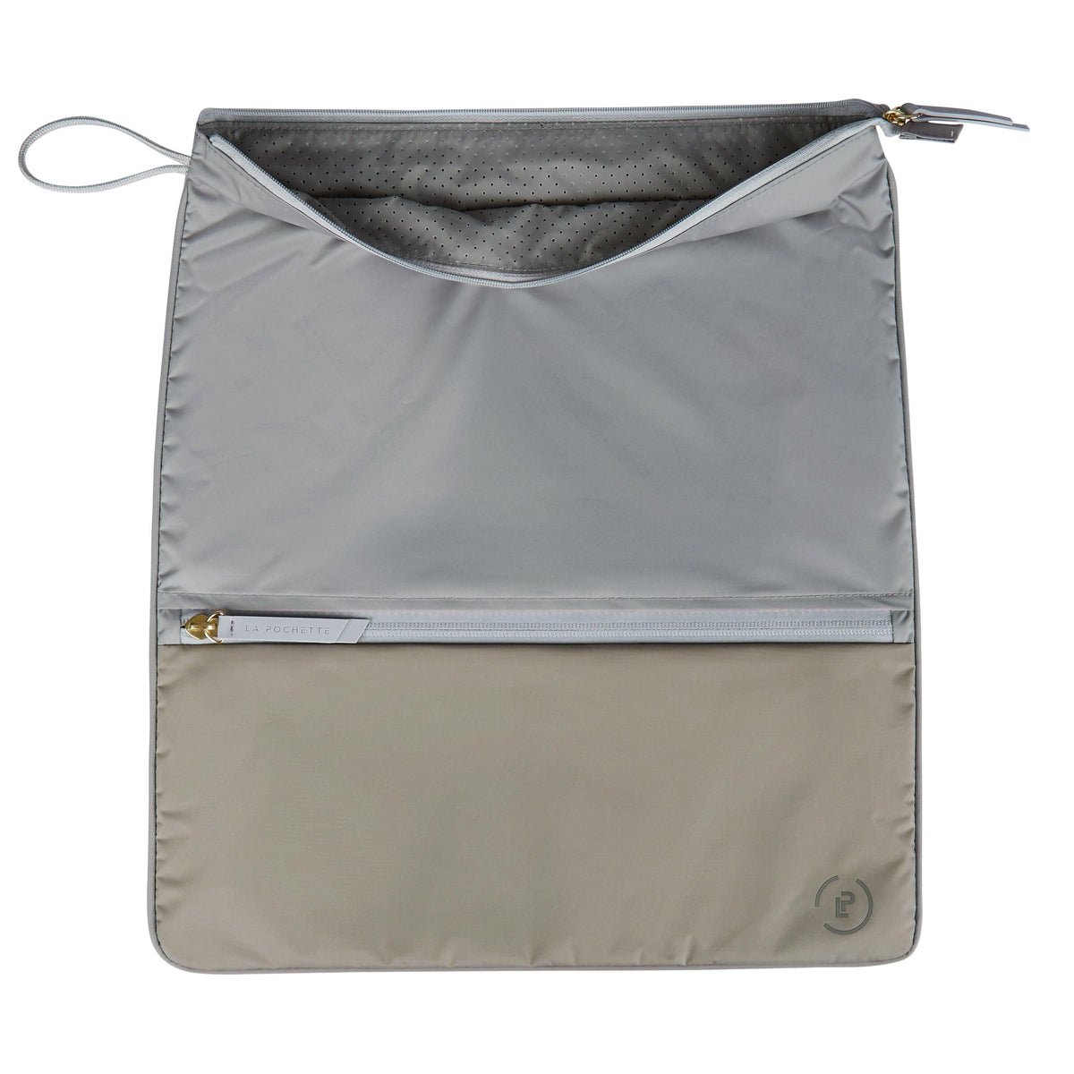 Sweat Bag in beige and grey showing the antimicrobial and deodorising mesh lining 