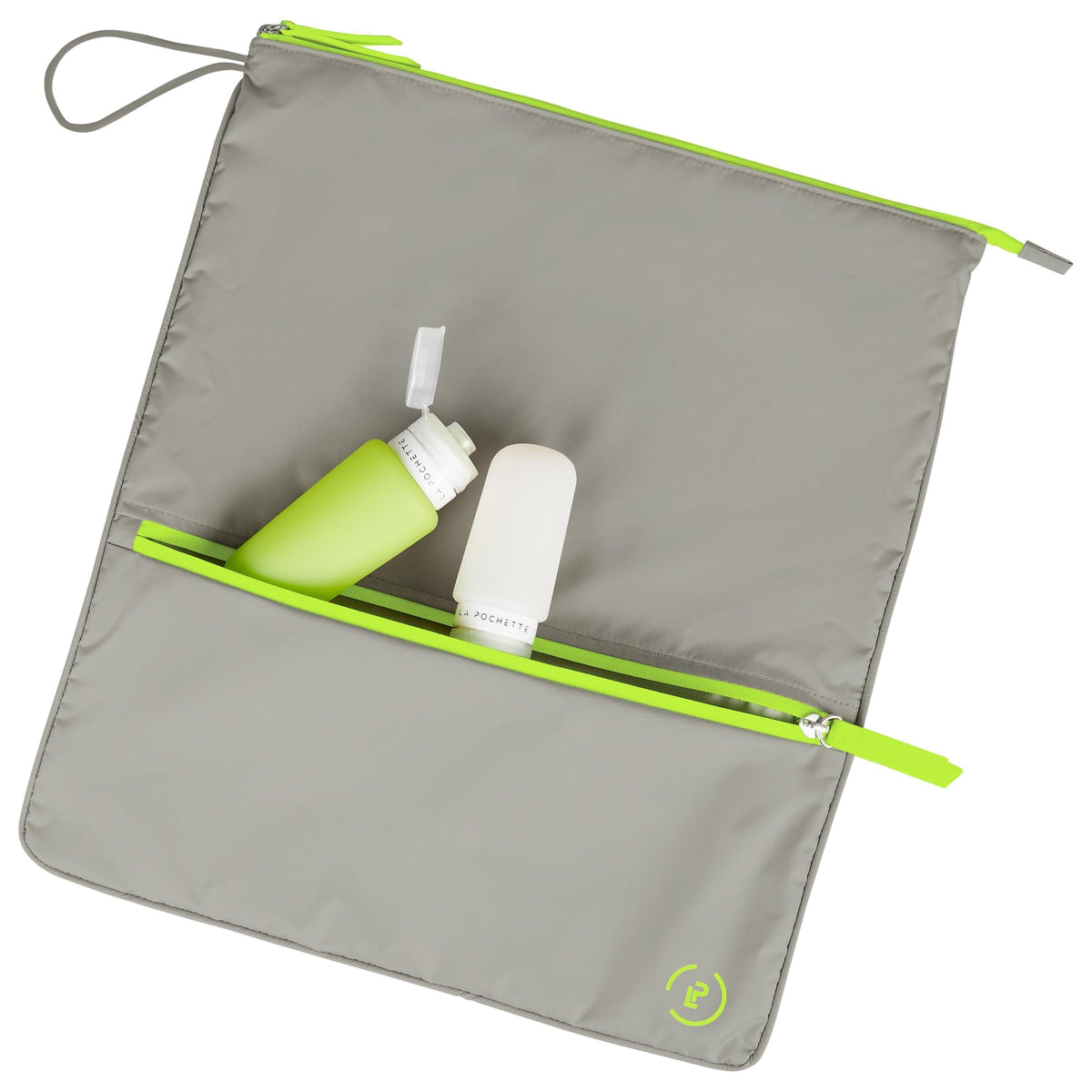 grey and neon green Sweat Bag, shown flat and with two La Pochette silicone travel bottles resting on top and in front pocket
