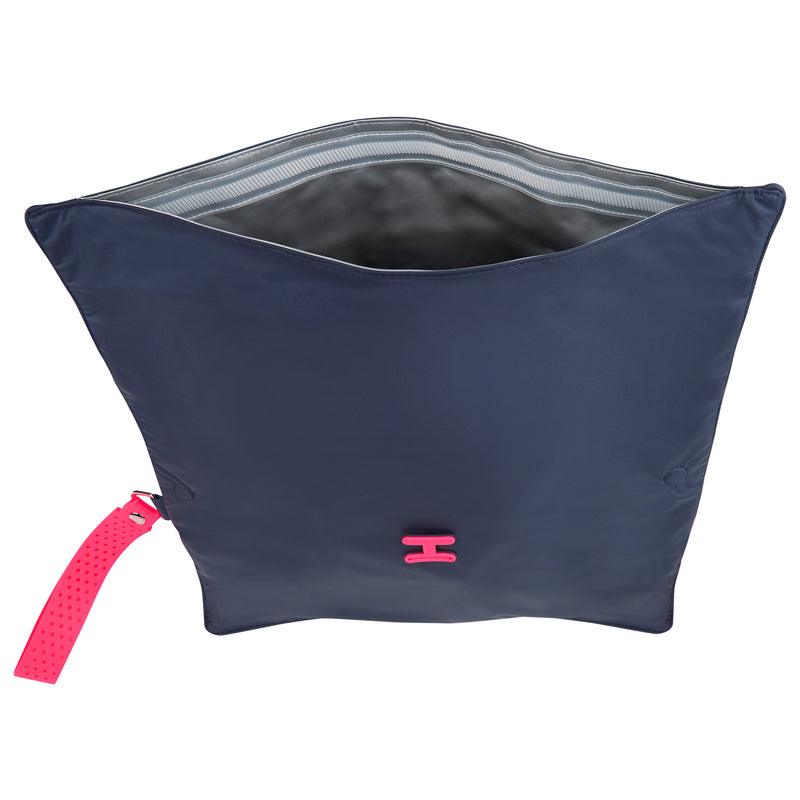 Large Wet Bag in Midnight Neon Pink open, and showing waterproof lining 