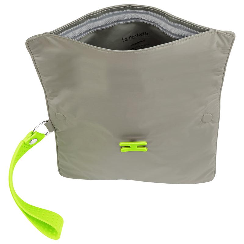 Large Wet Bag in Walnut Neon Green open, and showing waterproof lining 