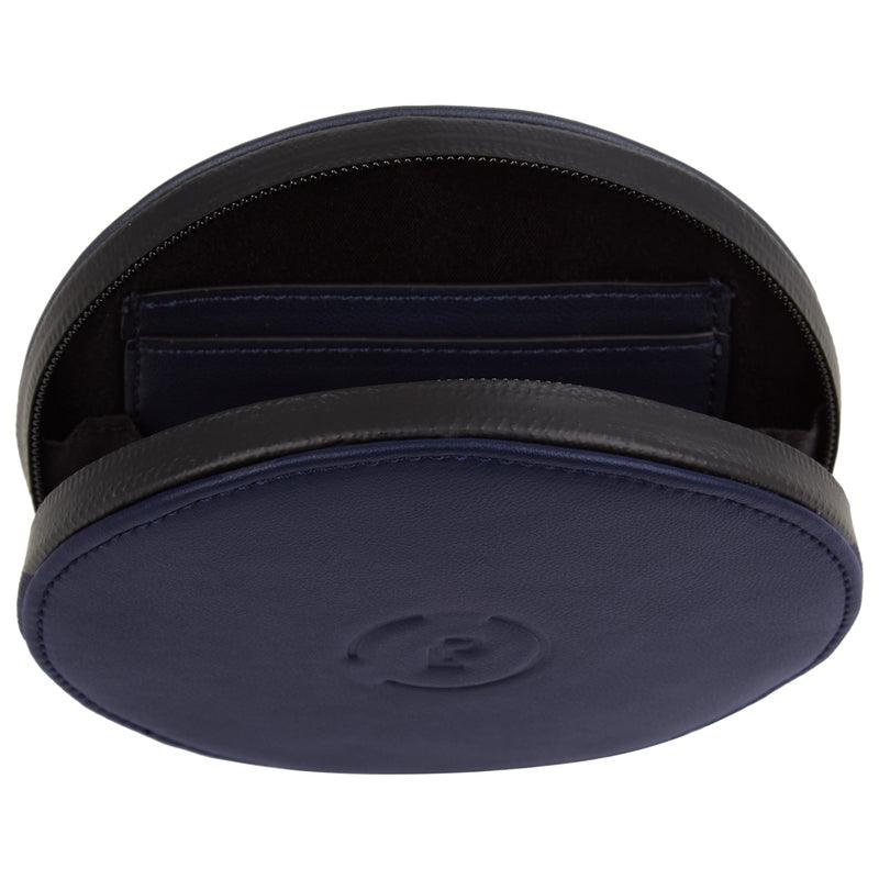 Circle Purse in MIdnight ink colourway unzipped showing card pockets inside 