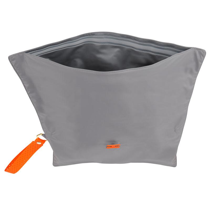Large Wet Bag in Shadow Neon Orange open, and showing waterproof lining 