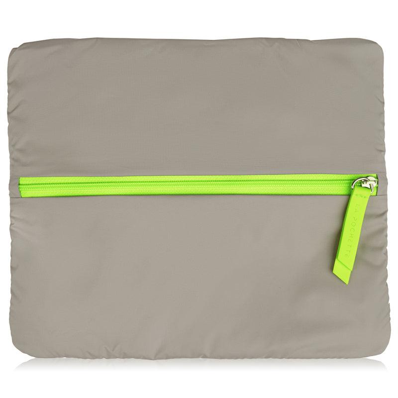 Rear view of Large Wet Bag in Walnut Neon Green colourway showing back zip