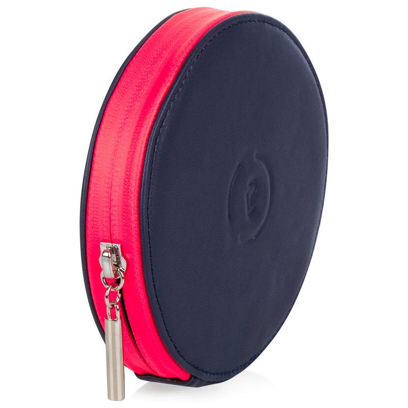 Close up of the zip and side on the Circle Purse in Midnight Neon Pink colourway 
