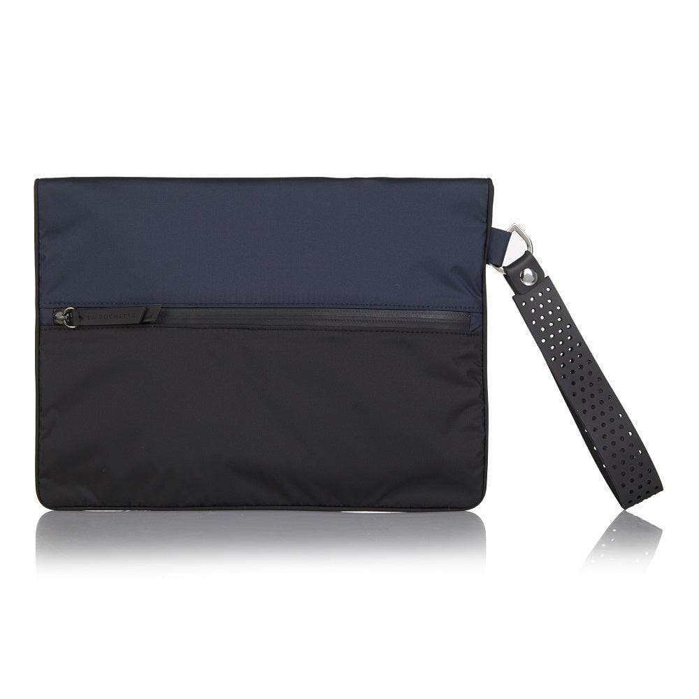 Back view of Large Wet Bag in navy and black showing the back zip pocket and detachable wrist strap